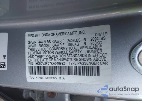 2019 Honda Accord Ex-L 2.0T z USA, uszkodzony, nr VIN 1HGCV2F57KA018992